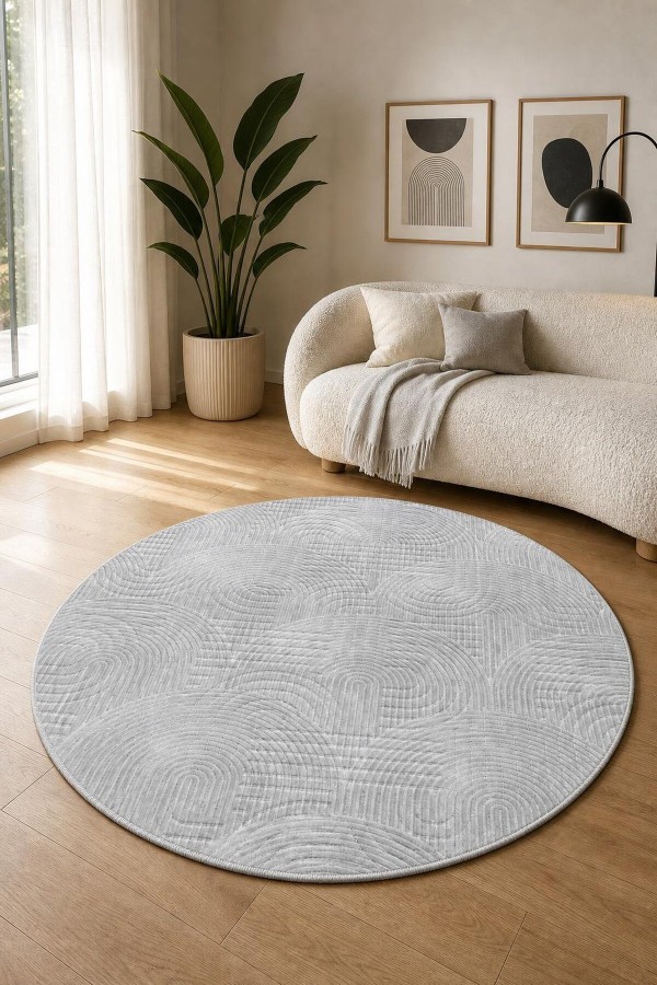 Gri Mutfak Halısı Kullanımına Uygun Geometrik Desenli Yuvarlak Halı 8 mm Havlı