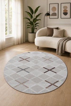 Bej Modern Desenli Kaymaz Tabanlı Yuvarlak 3006 Yuvarlak