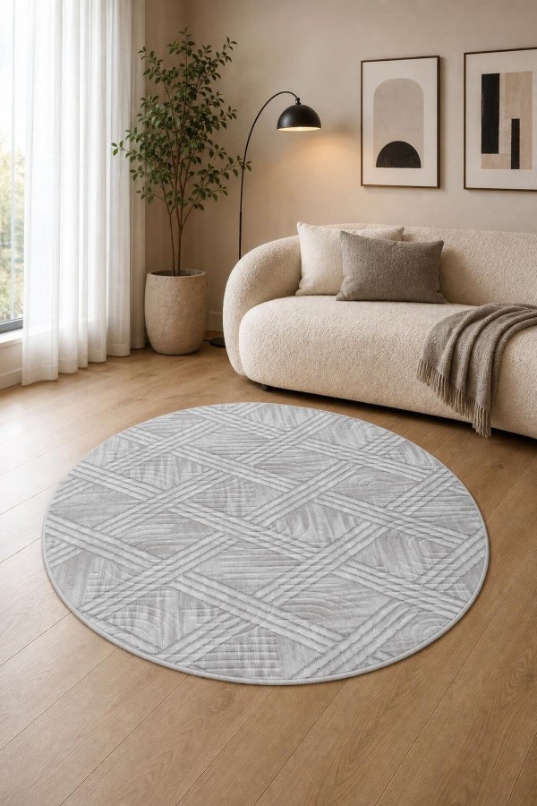 Gri Mutfak Halısı Olarak Kullanılabilen Modern Geometrik Desenli Yuvarlak Halı