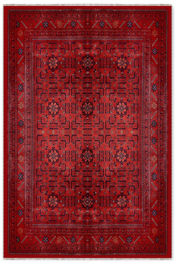 Kırmızı Mutfak Halısı Kullanımına Uygun Bohem Desenli Saçaklı Kilim Yolluk