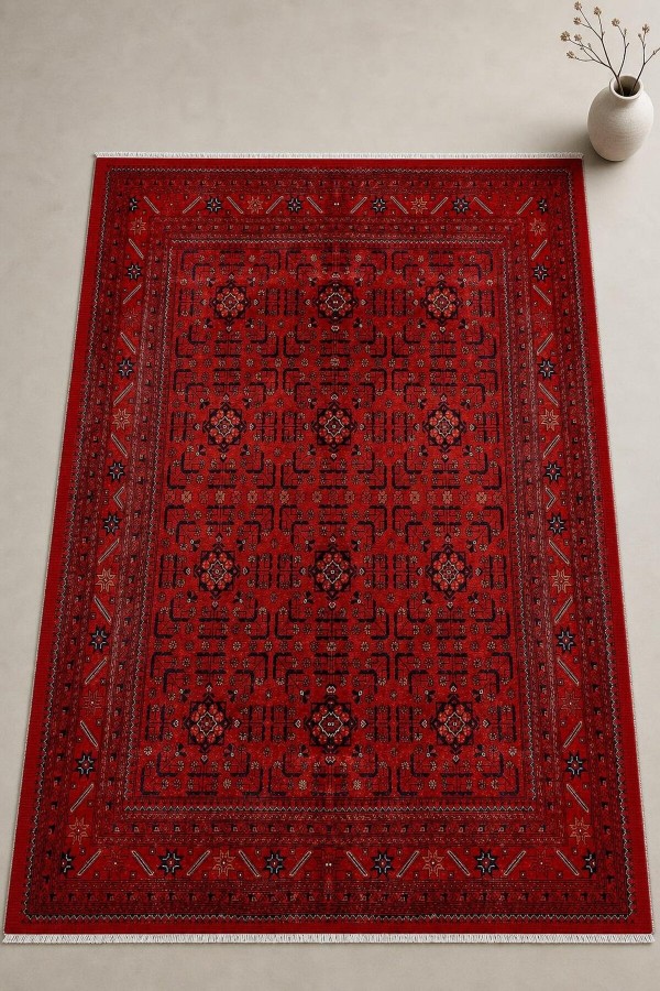 Kırmızı Mutfak Halısı Kullanımına Uygun Bohem Desenli Saçaklı Kilim Yolluk