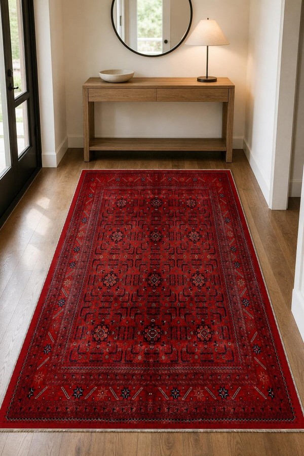 Kırmızı Mutfak Halısı Kullanımına Uygun Bohem Desenli Saçaklı Kilim Yolluk