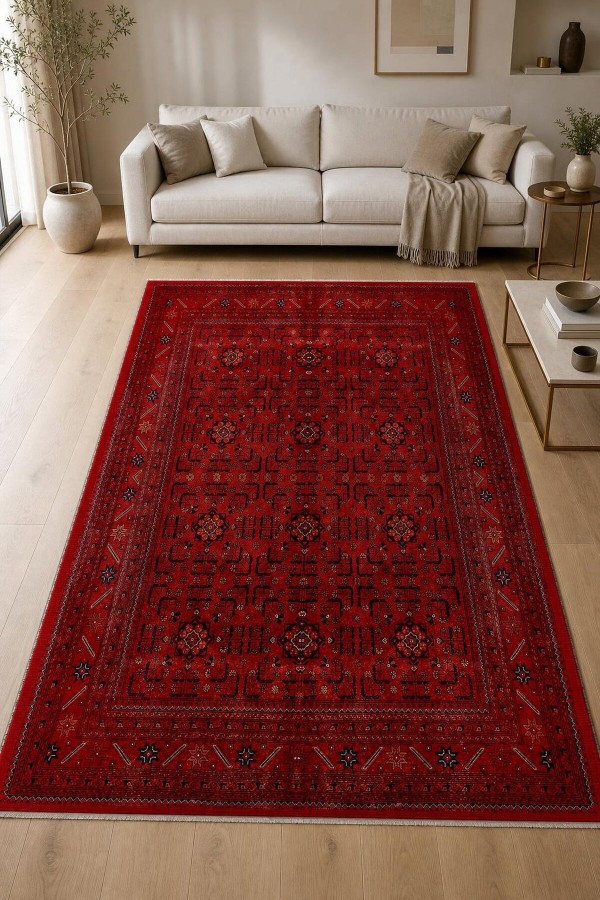 Kırmızı Mutfak Halısı Kullanımına Uygun Bohem Desenli Saçaklı Kilim Yolluk