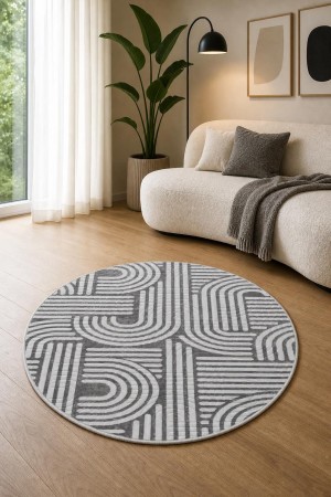 Gri Modern Desenli Kaymaz Tabanlı Yuvarlak 3012 Yuvarlak