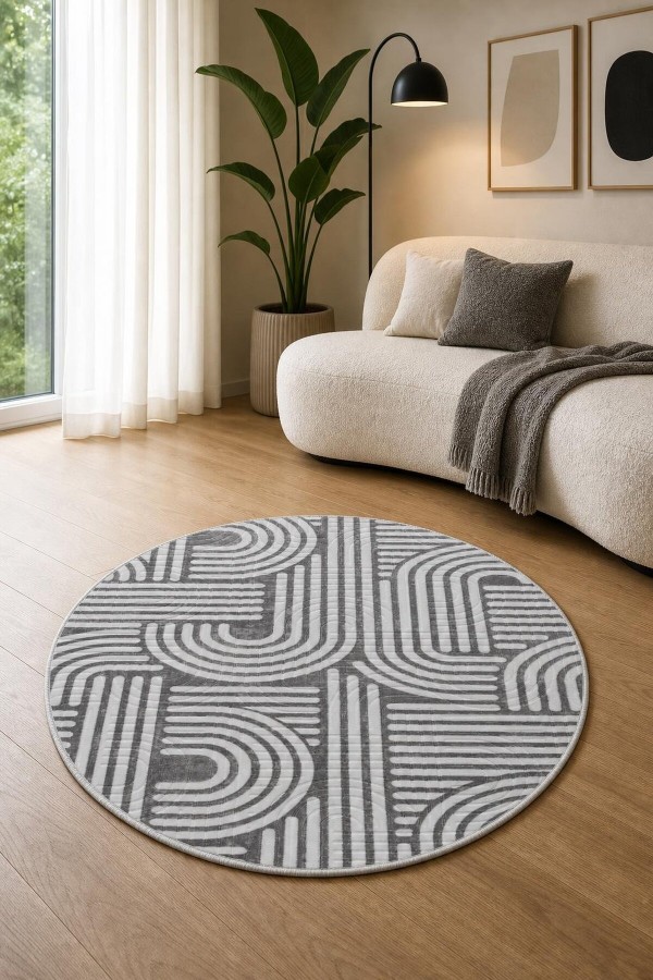 Gri Mutfak Halısı Ve Modern Geometrik Desenli Yuvarlak Halı 8 mm Havlı Kaymaz Tabanlı Model