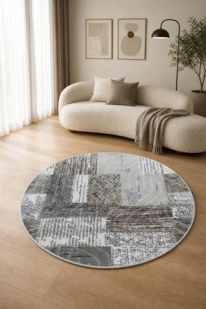 Gri Modern Desenli Kaymaz Tabanlı Yuvarlak 3019 Yuvarlak