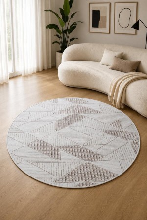 Bej Modern Desenli Kaymaz Tabanlı Yuvarlak 3023 Yuvarlak