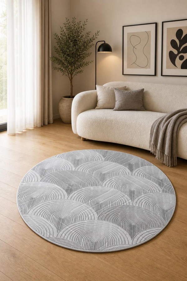 Gri Mutfak Halısı Kullanımına Uygun Modern Geometrik Desenli Yuvarlak Halı