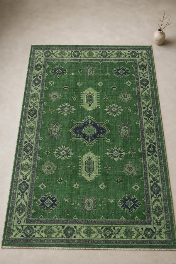 Yeşil Bohem Desenli Mutfak Halısı Ve Saçaklı Dikdörtgen Kilim Yolluk Tavrı