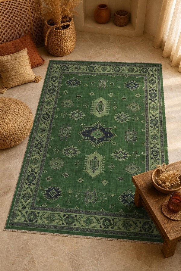 Yeşil Bohem Desenli Mutfak Halısı Ve Saçaklı Dikdörtgen Kilim Yolluk Tavrı
