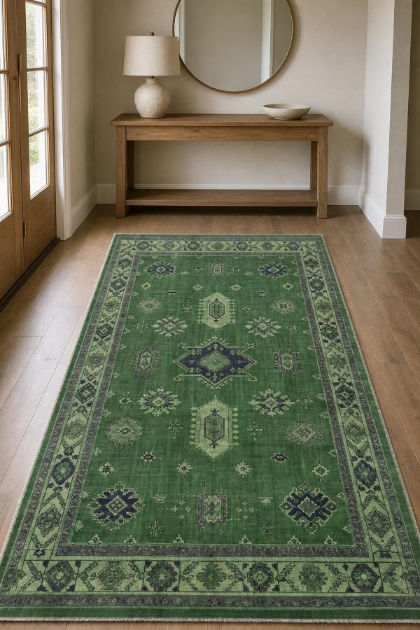 Yeşil Bohem Desenli Mutfak Halısı Ve Saçaklı Dikdörtgen Kilim Yolluk Tavrı