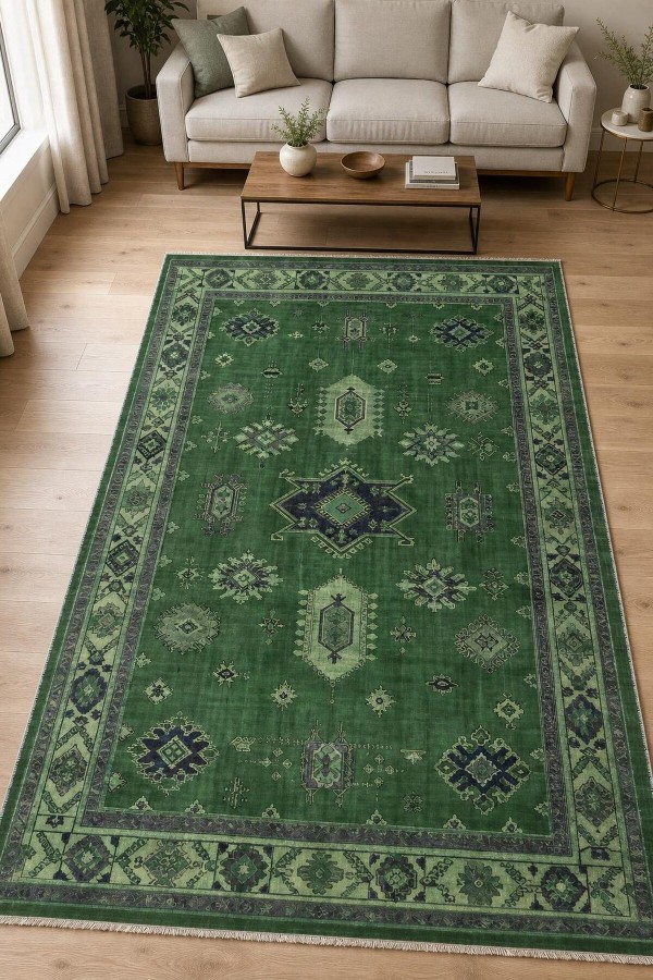 Yeşil Bohem Desenli Mutfak Halısı Ve Saçaklı Dikdörtgen Kilim Yolluk Tavrı