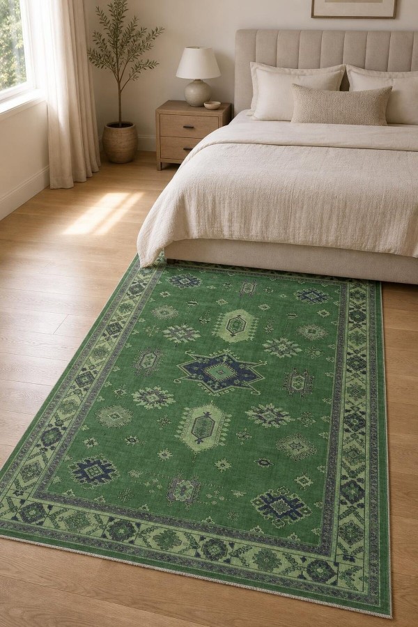 Yeşil Bohem Desenli Mutfak Halısı Ve Saçaklı Dikdörtgen Kilim Yolluk Tavrı