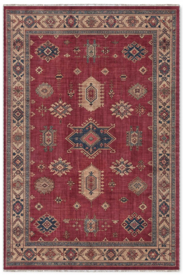 Kırmızı Mutfak Halısı Kullanımına Uygun Bohem Desenli Saçaklı Kilim Yolluk