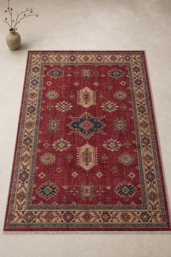Kırmızı Mutfak Halısı Kullanımına Uygun Bohem Desenli Saçaklı Kilim Yolluk