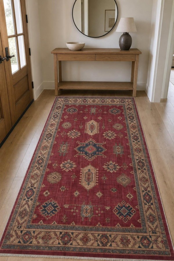 Kırmızı Mutfak Halısı Kullanımına Uygun Bohem Desenli Saçaklı Kilim Yolluk