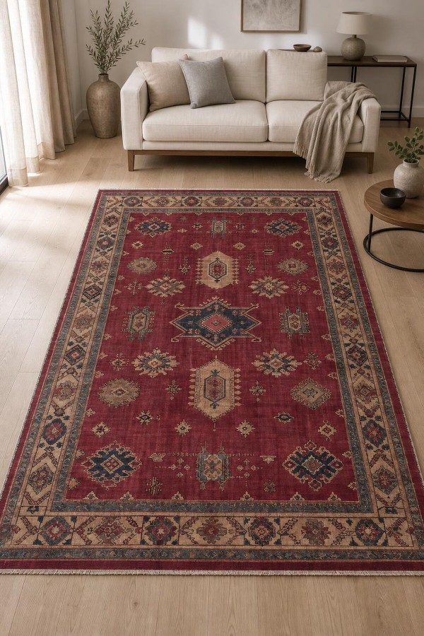 Kırmızı Mutfak Halısı Kullanımına Uygun Bohem Desenli Saçaklı Kilim Yolluk