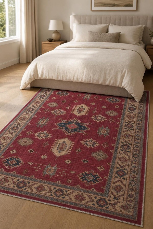 Kırmızı Mutfak Halısı Kullanımına Uygun Bohem Desenli Saçaklı Kilim Yolluk