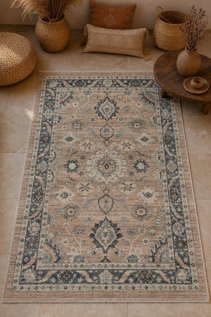 Bej Bohem Klasik Çiçek Desenli Koridor Kilim Yolluk 3026 1