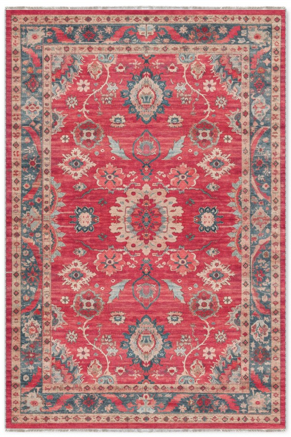 Kırmızı Mutfak Halısı Kullanımına Uygun Bohem Çiçek Desenli Saçaklı Kilim Yolluk