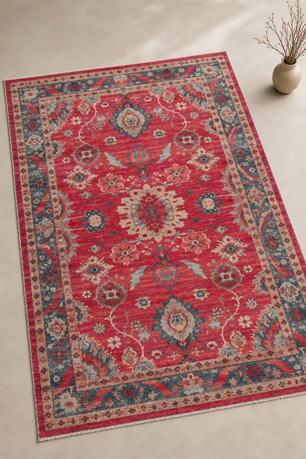 Kırmızı Mutfak Halısı Kullanımına Uygun Bohem Çiçek Desenli Saçaklı Kilim Yolluk