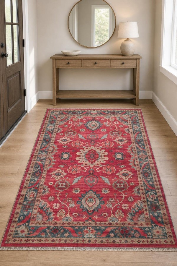 Kırmızı Mutfak Halısı Kullanımına Uygun Bohem Çiçek Desenli Saçaklı Kilim Yolluk