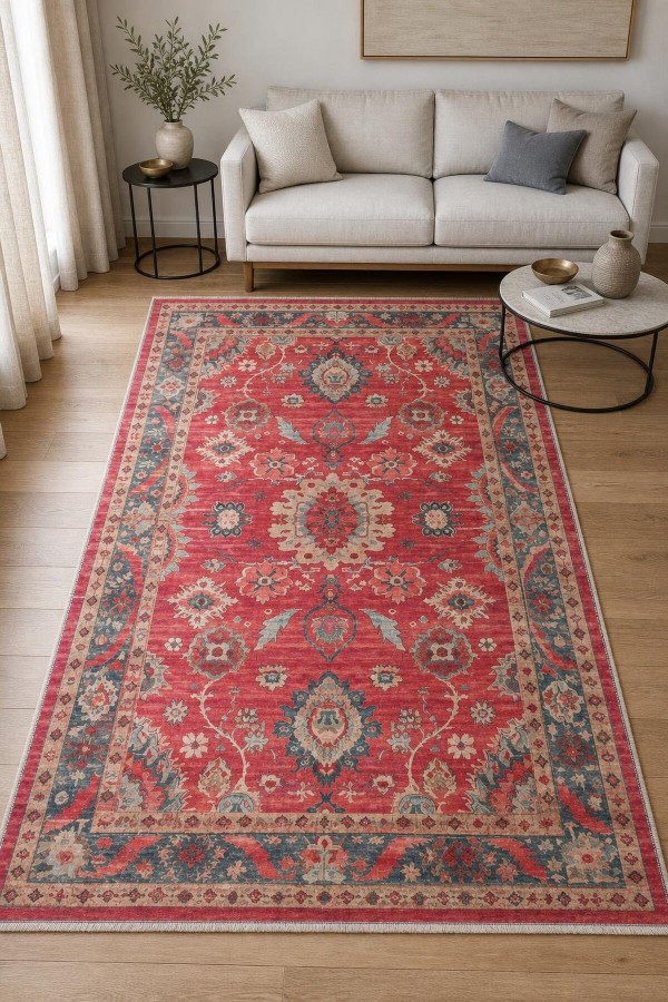 Kırmızı Mutfak Halısı Kullanımına Uygun Bohem Çiçek Desenli Saçaklı Kilim Yolluk