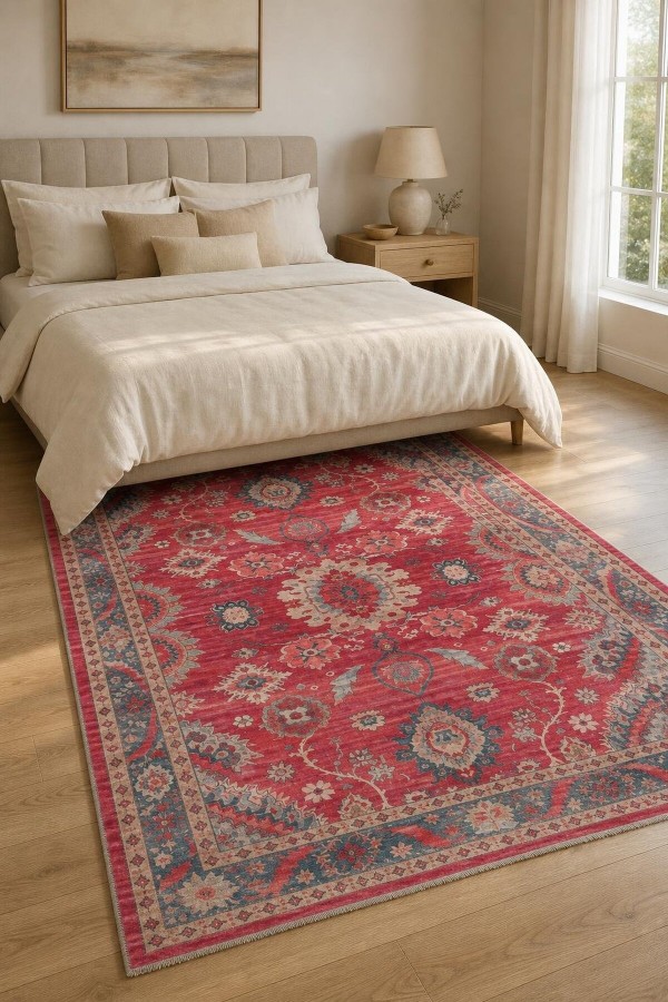 Kırmızı Mutfak Halısı Kullanımına Uygun Bohem Çiçek Desenli Saçaklı Kilim Yolluk