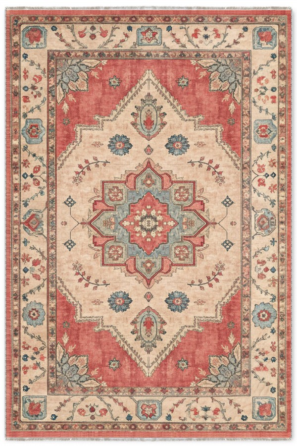 Kırmızı Mutfak Halısı Kullanımına Uygun Bohem Çiçek Desenli Saçaklı Dikdörtgen Kilim Yolluk