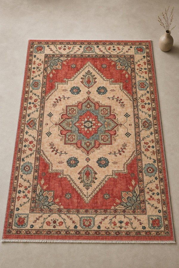 Kırmızı Mutfak Halısı Kullanımına Uygun Bohem Çiçek Desenli Saçaklı Dikdörtgen Kilim Yolluk