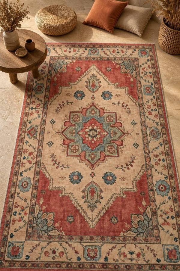 Kırmızı Mutfak Halısı Kullanımına Uygun Bohem Çiçek Desenli Saçaklı Dikdörtgen Kilim Yolluk
