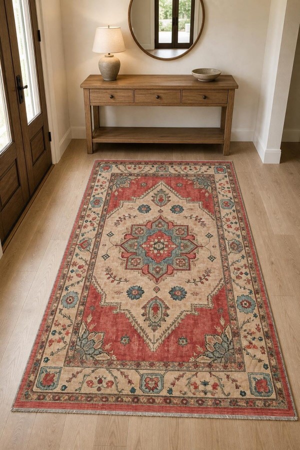 Kırmızı Mutfak Halısı Kullanımına Uygun Bohem Çiçek Desenli Saçaklı Dikdörtgen Kilim Yolluk