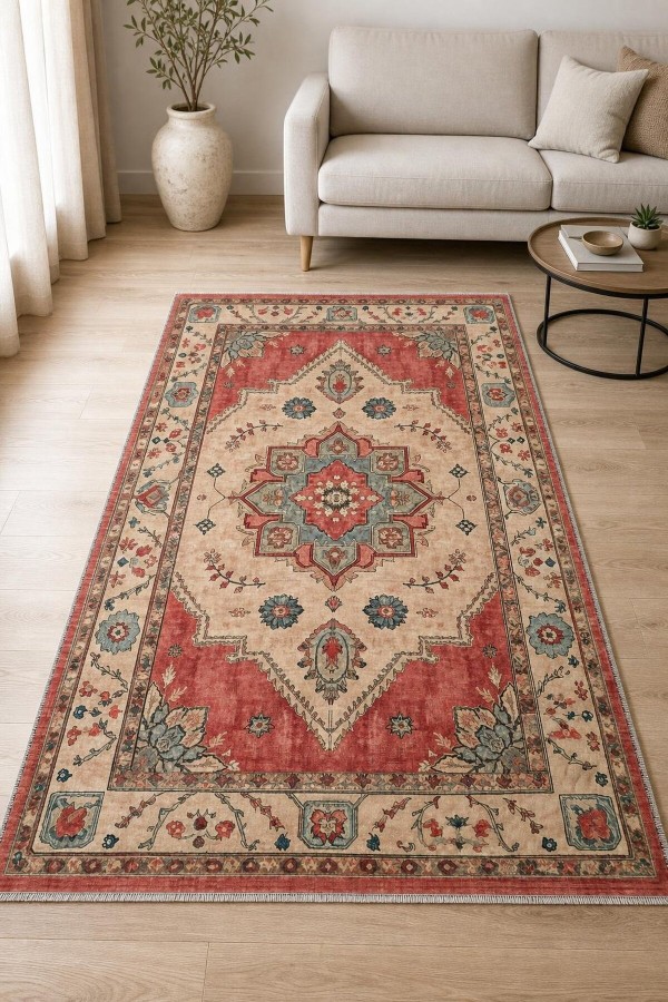 Kırmızı Mutfak Halısı Kullanımına Uygun Bohem Çiçek Desenli Saçaklı Dikdörtgen Kilim Yolluk