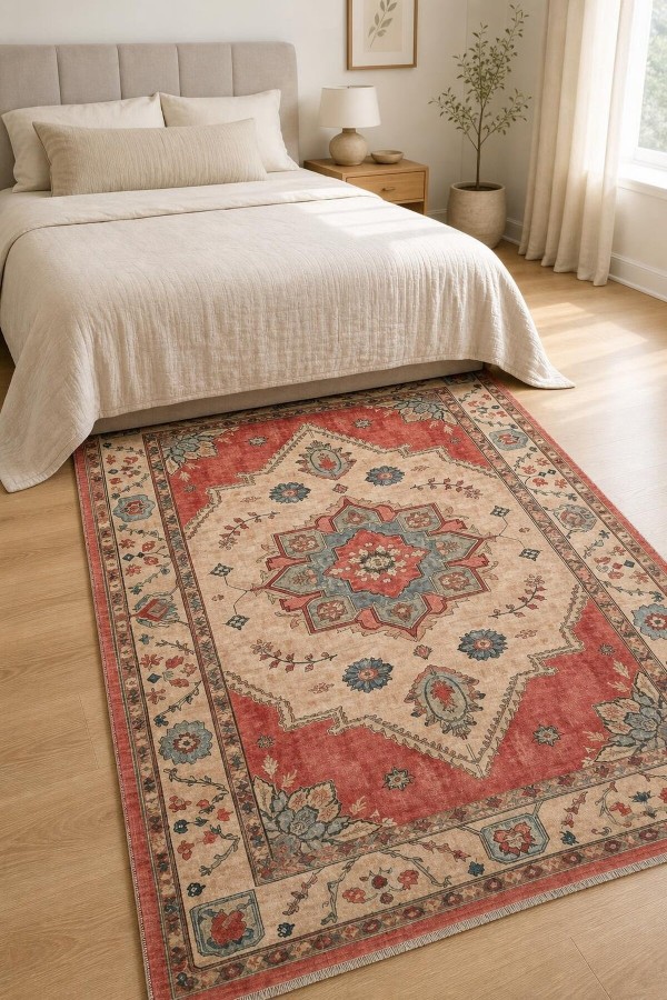 Kırmızı Mutfak Halısı Kullanımına Uygun Bohem Çiçek Desenli Saçaklı Dikdörtgen Kilim Yolluk