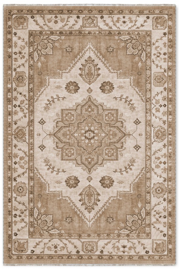 Bej Mutfak Halısı Uyumu Taşıyan Bohem Klasik Çiçek Desenli Saçaklı Kilim Yolluk