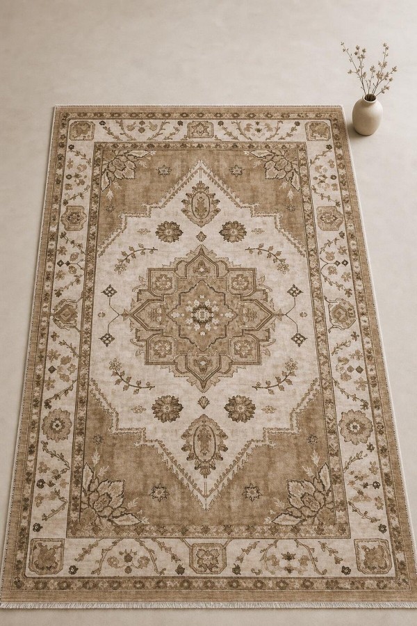 Bej Mutfak Halısı Uyumu Taşıyan Bohem Klasik Çiçek Desenli Saçaklı Kilim Yolluk