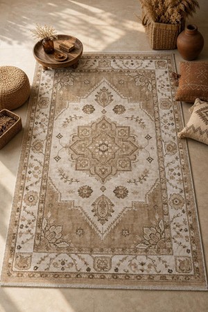 Bej Bohem Klasik Çiçek Desenli Koridor Kilim Yolluk 3027 2