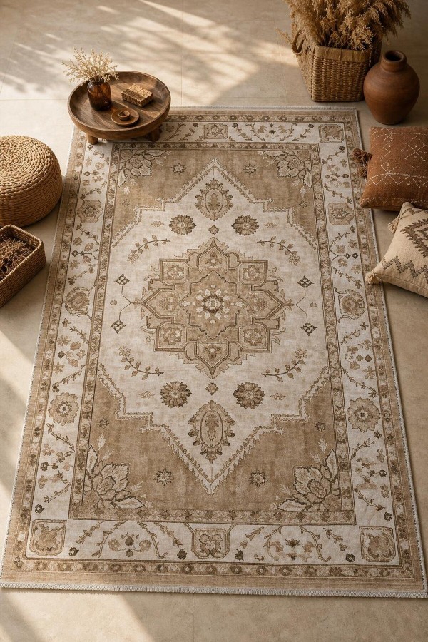 Bej Mutfak Halısı Uyumu Taşıyan Bohem Klasik Çiçek Desenli Saçaklı Kilim Yolluk