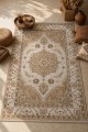 Bej Mutfak Halısı Uyumu Taşıyan Bohem Klasik Çiçek Desenli Saçaklı Kilim Yolluk