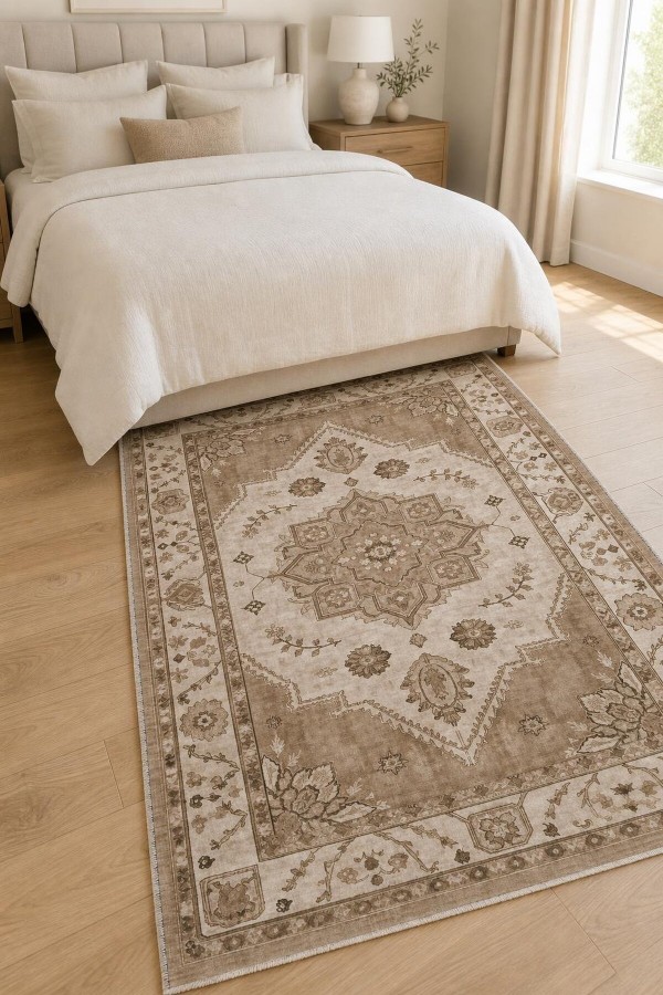 Bej Mutfak Halısı Uyumu Taşıyan Bohem Klasik Çiçek Desenli Saçaklı Kilim Yolluk