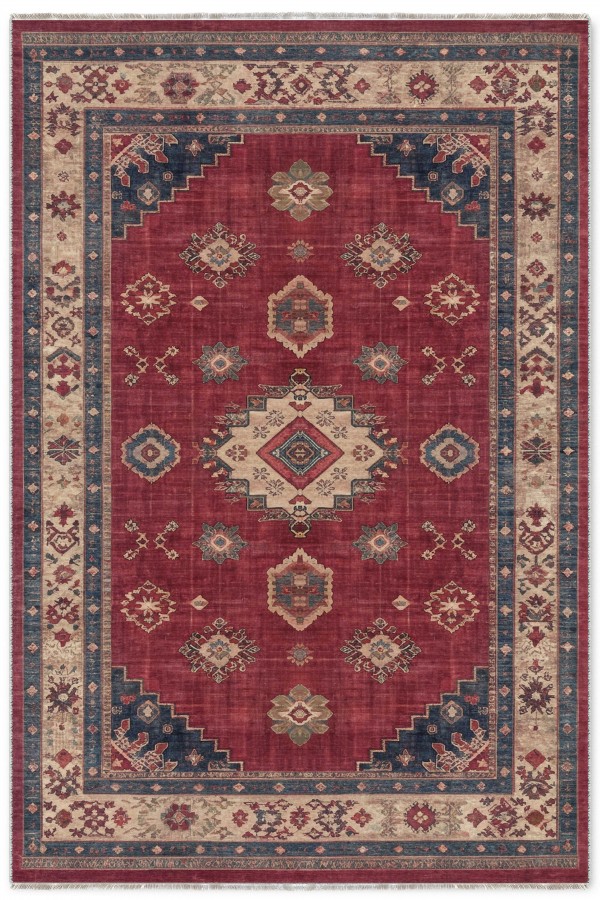 Kırmızı Mutfak Halısı Kullanımına Uygun Bohem Desenli Saçaklı Kilim Yolluk