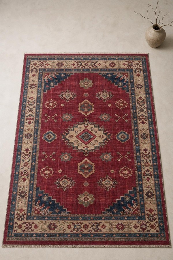 Kırmızı Mutfak Halısı Kullanımına Uygun Bohem Desenli Saçaklı Kilim Yolluk