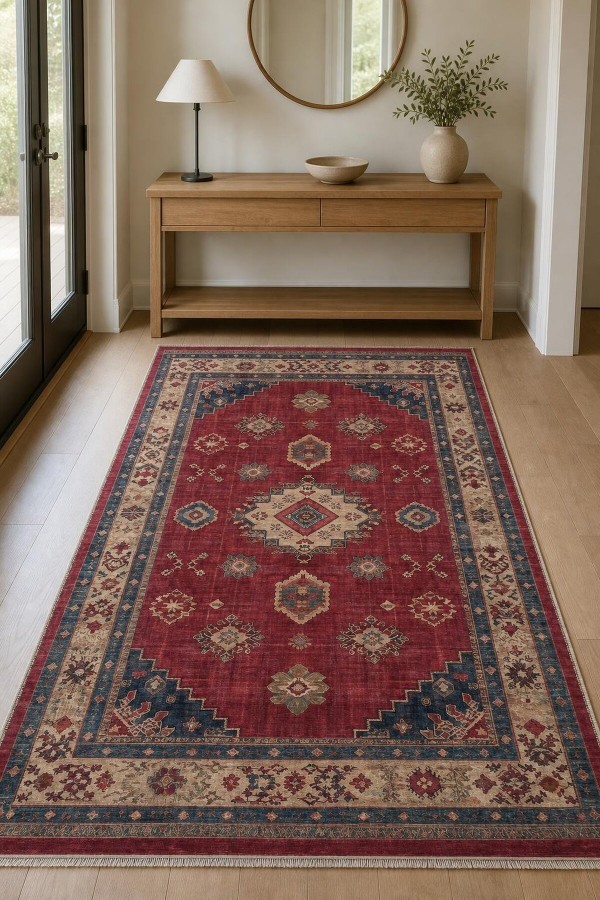 Kırmızı Mutfak Halısı Kullanımına Uygun Bohem Desenli Saçaklı Kilim Yolluk