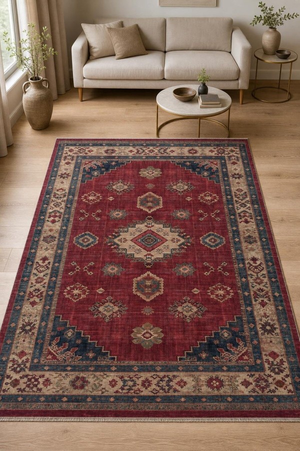 Kırmızı Mutfak Halısı Kullanımına Uygun Bohem Desenli Saçaklı Kilim Yolluk