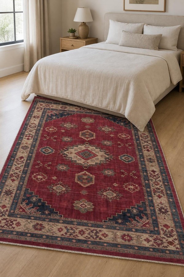 Kırmızı Mutfak Halısı Kullanımına Uygun Bohem Desenli Saçaklı Kilim Yolluk
