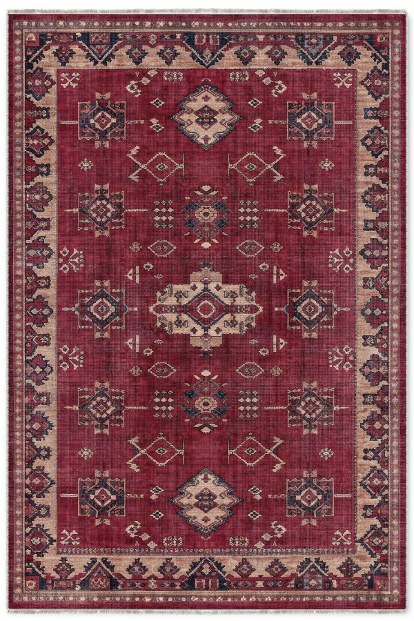 Kırmızı Mutfak Halısı Kullanımına Uygun Bohem Desenli Saçaklı Kilim Yolluk