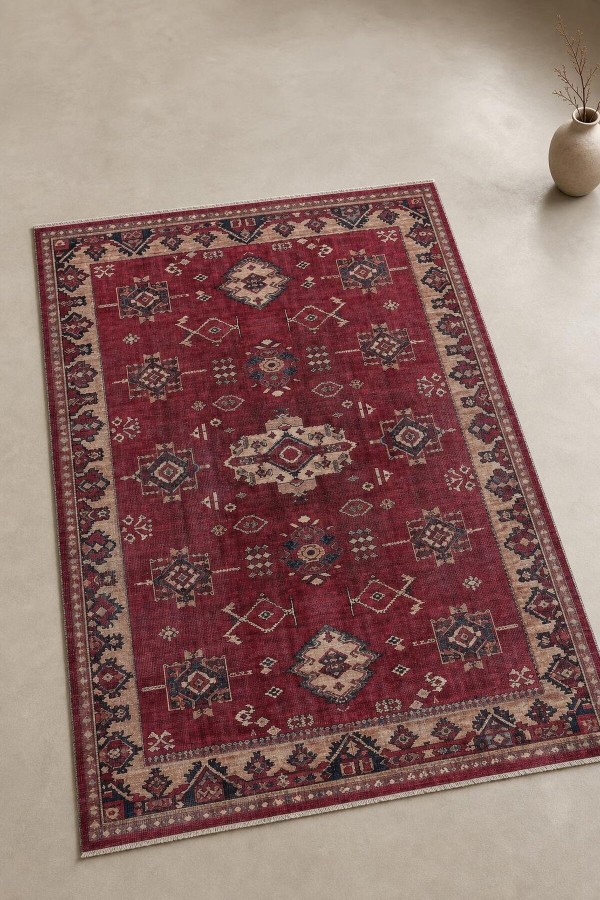 Kırmızı Mutfak Halısı Kullanımına Uygun Bohem Desenli Saçaklı Kilim Yolluk