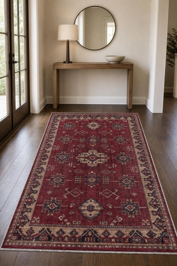 Kırmızı Mutfak Halısı Kullanımına Uygun Bohem Desenli Saçaklı Kilim Yolluk