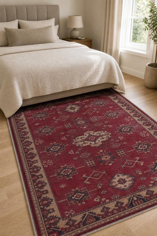 Kırmızı Mutfak Halısı Kullanımına Uygun Bohem Desenli Saçaklı Kilim Yolluk