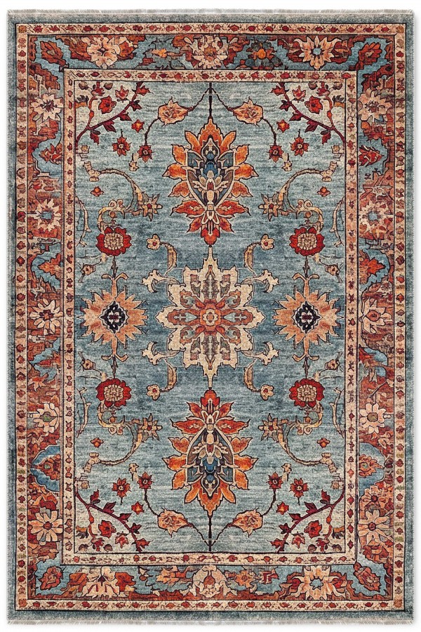 Mavi Mutfak Halısı Kullanımına Uygun Bohem Çiçek Desenli Saçaklı Kilim Yolluk